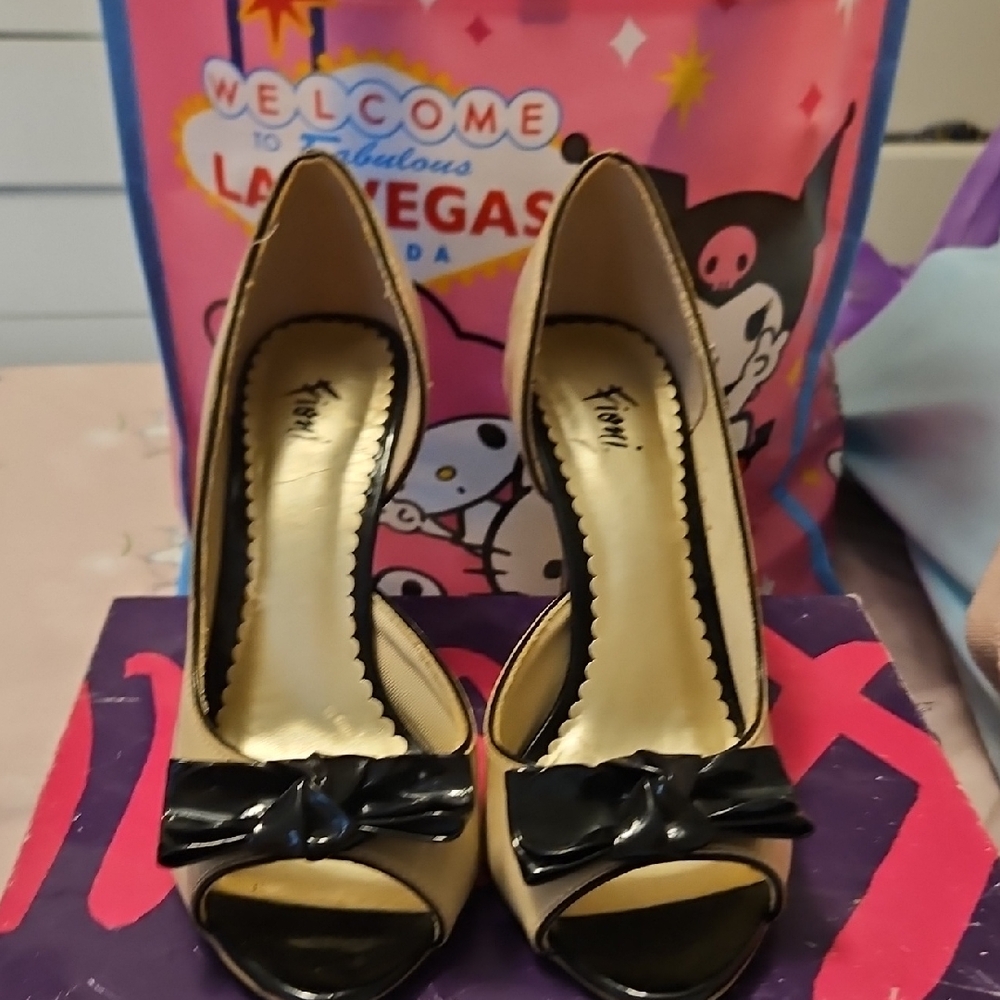 FIONI Black and Cream Peep Toe Heels